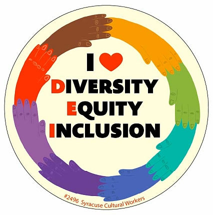 Circular sticker with hands in rainbow colors and 'I ❤️ Diversity Equity Inclusion' text on a white background.