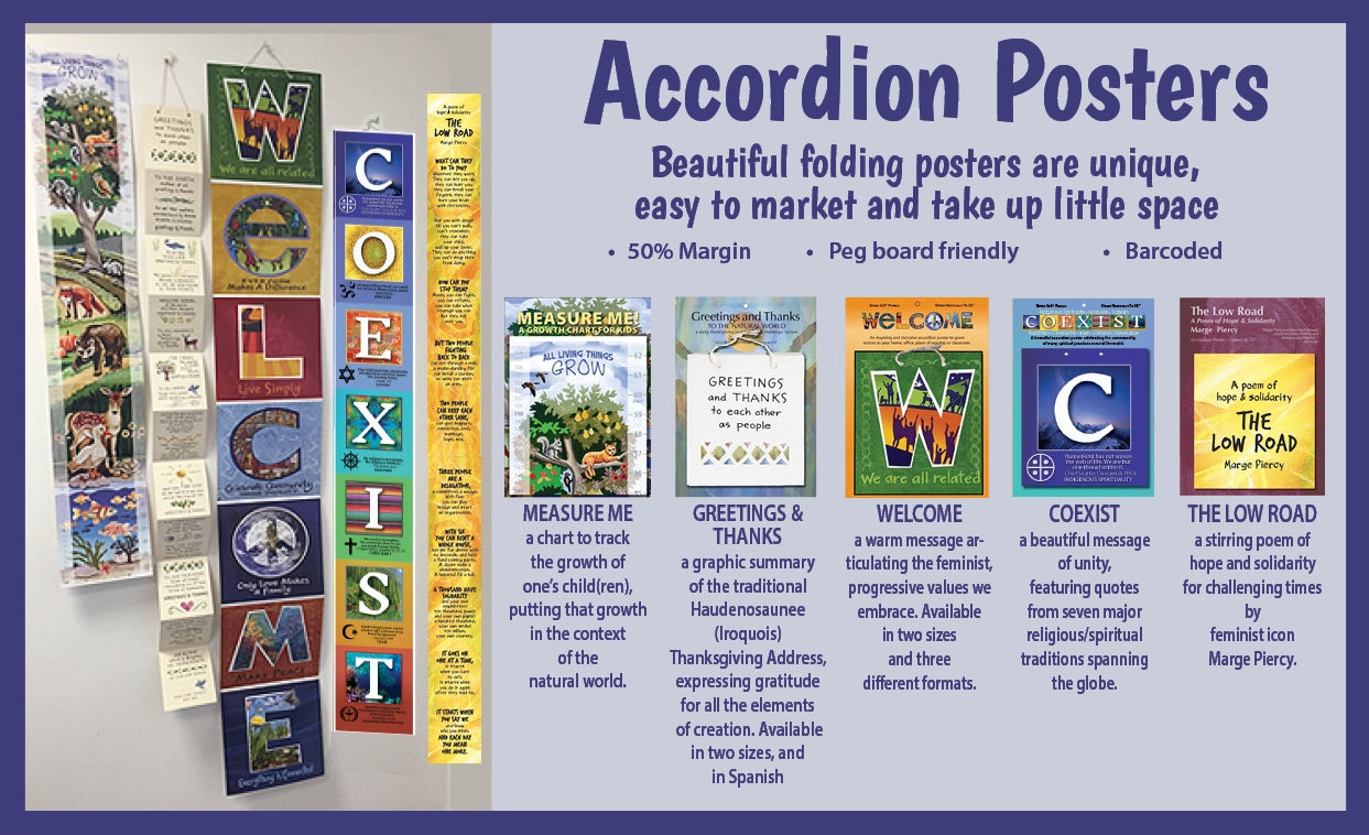 Accordion Posters - showing images for five poster - Measure Me, Greetings and Thanks, Welcome, Coexist and The Low Road.