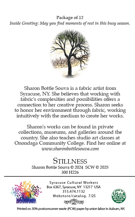 Back of Stillness holiday card showing printing and recycled paper details