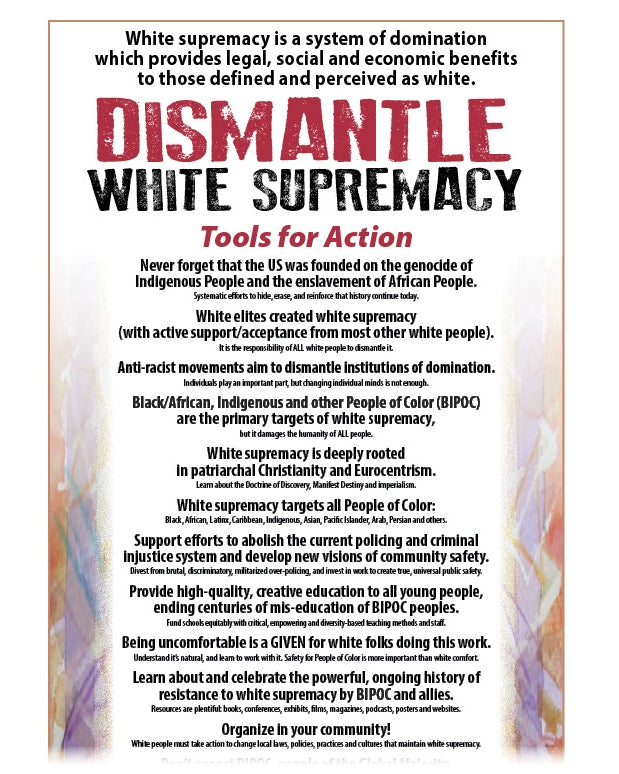 Text document on white paper with red and black text discussing dismantling white supremacy.