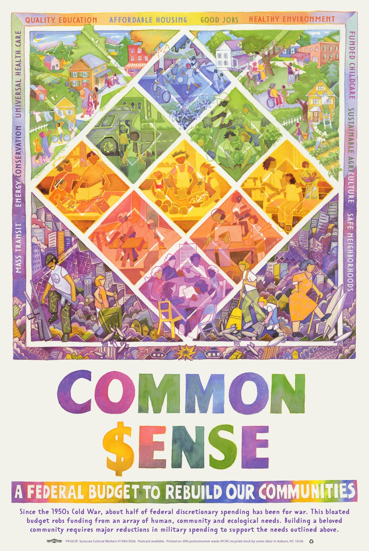 A colorful poster titled 'COMMON $ENSE' with a subtitle 'A FEDERAL BUDGET TO REBUILD OUR COMMUNITIES.' The upper portion shows a stylized illustration of people engaged in a wide range of life-affirming work divided into diamond quadrants with people, buildings, and street activity in many bright colors.