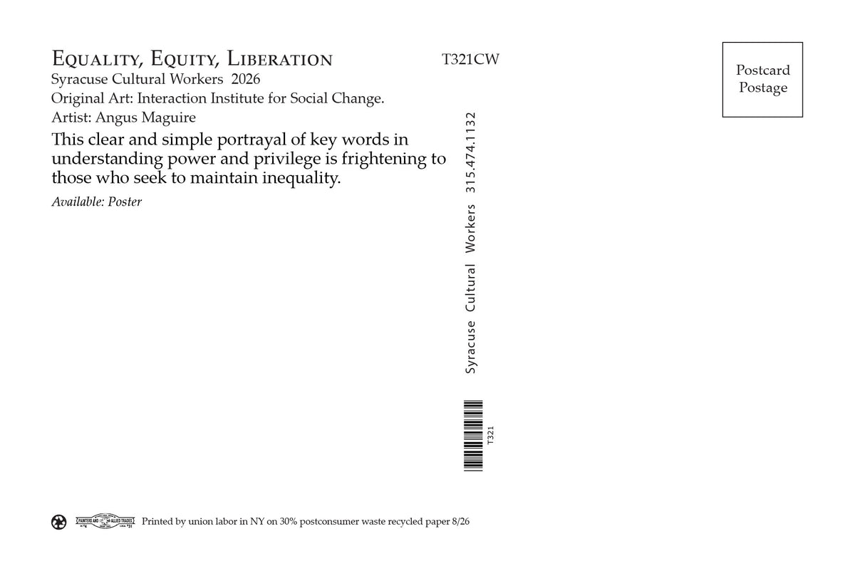 The back image for the postcard 'Equality, Equity, Liberation' published by Syracuse Cultural Workers in 2026 artwork credit and a postmark box labeled 'Postcard Postage'.