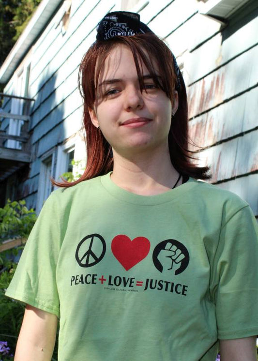 T-Shirt - Peace + Love = Justice (peace symbol + heart) - Unisex