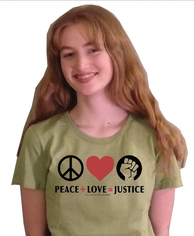T-Shirt - Peace + Love = Justice (peace symbol + heart) - Fitted Cotton