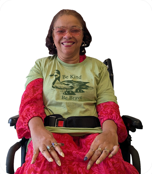 Agnes wearing the Be Kind, Be Brave organic cotton t-shirt
