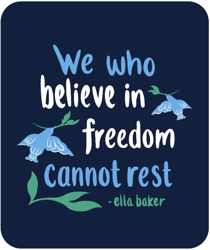 We Who Believe In Freedom T-shirt image white and blue text, blue birds, green plants on a dark blue T-shirt.