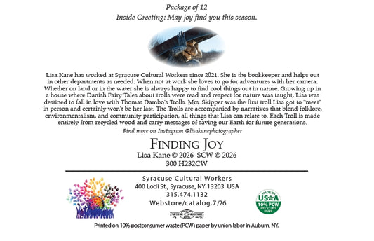 Back of Finding Joy holiday card showing printing and recycled paper details