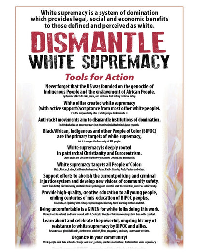 Text document on white paper with red and black text discussing dismantling white supremacy.