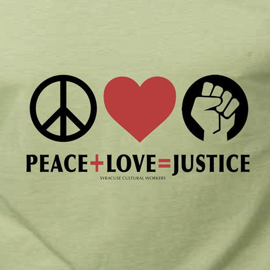 T-Shirt - Peace + Love = Justice (peace symbol + heart) - Fitted Cotton